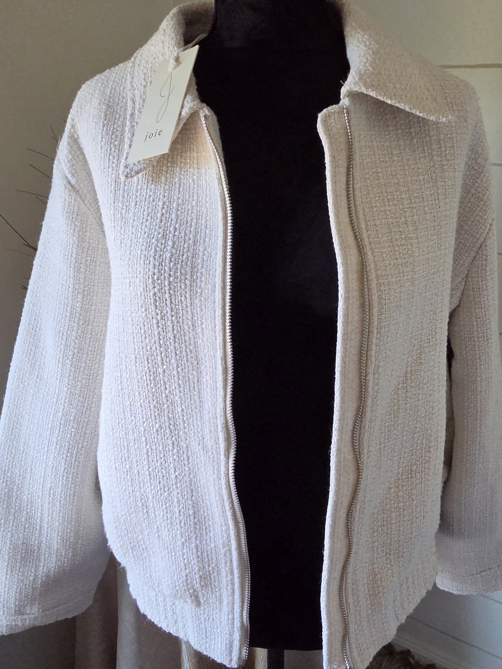 Joie Cream Bouclé Jacket Zip Front Shimmer Metallic Lurex Cardigan Knit Coat M